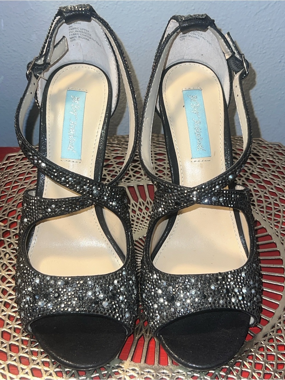 Betsey Johnson Black Crystal Embellished Strappy High Heel Sandal - Picture 8 of 10